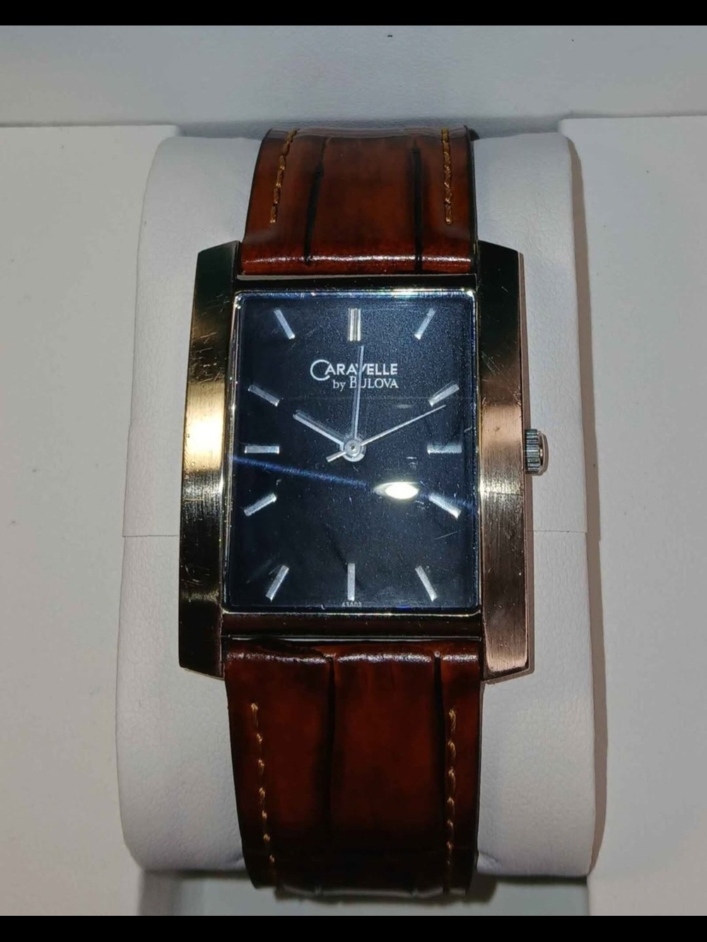 ​Caravelle by Bulova Mens Rectangular Tank Watch Black Dial Brown Leather Strap